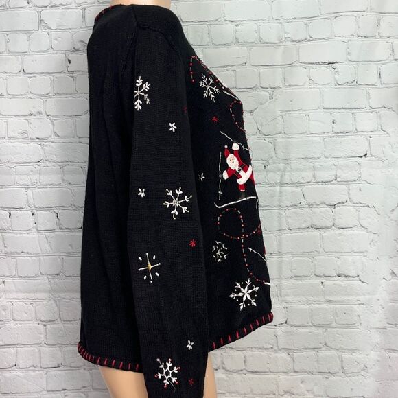 Skiing Santa Holiday Black Embroidered Cardigan Sweater XL Christmas - Picture 6 of 6